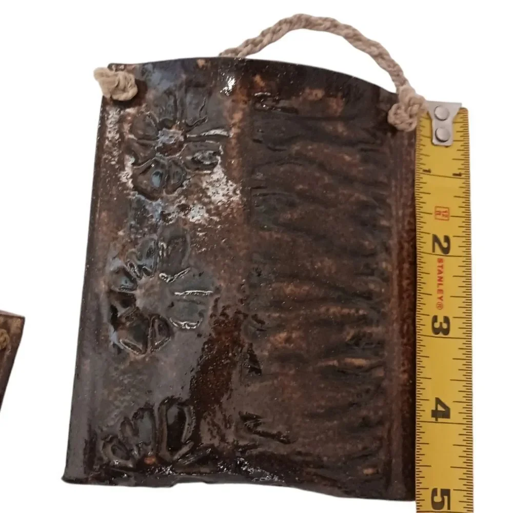 2 Studio‎ Art Pottery Wall Pockets Brown Floral Etched Farmhouse Rustic Cottage.